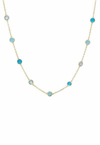Collar de cadena de oro que presenta gemas circulares alternas en azul claro y turquesa, cada una engastada en un bisel suave.