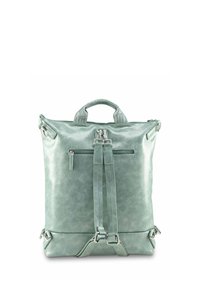 Zaino in ecopelle verde con due spallacci regolabili, manico superiore e tasca frontale con zip. Presenta dettagli in metallo.