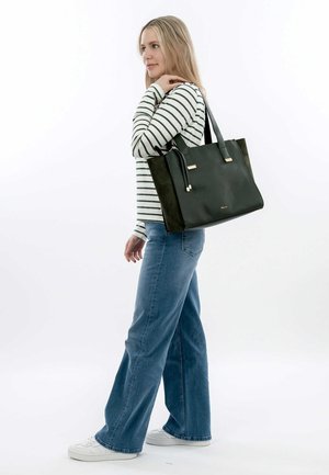 Schwarze und grüne Leder-Tote-Tasche mit zwei oberen Griffen, rechteckiger Form, strukturiertem Finish und Akzenten aus goldfarbenem Metall.