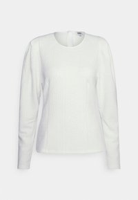 Top branco de manga longa com tecido texturizado, decote redondo e detalhe em forma de chave na parte de trás. Apresenta uma silhueta justa e acabamento suave.