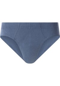 Herren blaue Baumwollslips mit elastischem Bund und konturiertem Frontstich, flach auf weißem Hintergrund dargestellt.