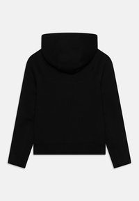 Black long-sleeve hoodie with a large hood, visible stitching details, and straight hem, shown from the back on a plain white background.