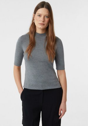 Gray short-sleeve top with a high neck, made of a smooth, fitted fabric. Features ribbed detailing at the neckline and sleeves.