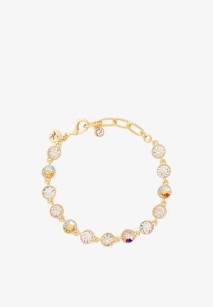 Pulsera de cadena de oro con piedras preciosas redondas alternas claras y multicolores y cierre de langosta.