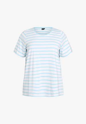 Bílé tričko s krátkými rukávy, světle modrými vodorovnými pruhy a kulatým výstřihem.