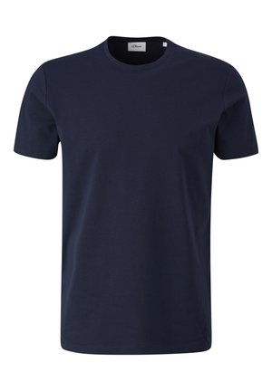 Námornícky modré tričko s krátkym rukávom vyrobené z bavlny. Má okrúhly výstrih a rovný lem, s jemnou a hladkou textúrou.