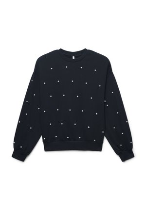 Felpa color navy in morbido tessuto, con un motivo a pois di accenti bianchi simili a perle, dotata di polsini e orlo a costine e di un collo a giro.