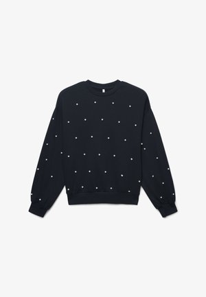 Sweatshirt marine en tissu doux, avec un motif à pois d'accents blancs en forme de perles, des poignets et un ourlet côtelés, et un col rond.