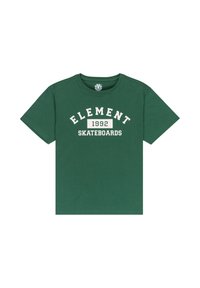 Camiseta de manga corta verde oscuro con texto blanco "ELEMENT 1992 SKATEBOARDS" en el frente y un escote redondo.