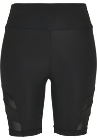 Shorts de sport noirs mi-cuisse avec une taille haute et des inserts en maille sur les côtés extérieurs des cuisses.