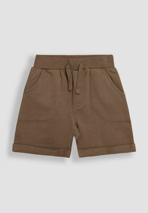 Braune Baumwollshorts mit einem elastischen Bund, Kordelzug, zwei seitlichen Taschen und umgeschlagenem Saum. Weicher Stoff, lässiges Design.