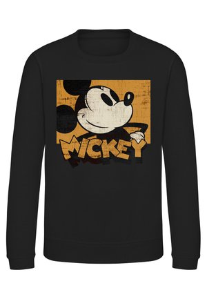 Sort sweatshirt med vintage-stil grafik af Mickey Mouses ansigt og ordet "MICKEY" i store bogstaver foran.