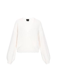 Witte cropped sweater, gemaakt van zacht breiwerk, met een v-hals, lange pofmouwen en een geribbelde zoom met een subtiele rafeling.