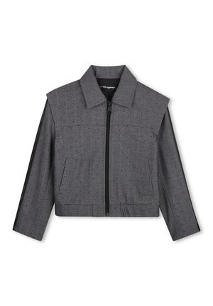 Veste courte grise avec petits points noirs, fermeture éclair devant, col, manches longues et deux poches avant.