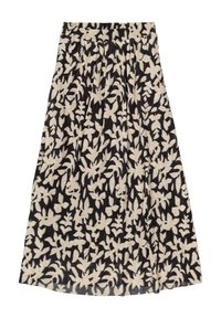 Faltender Midirock in Creme mit schwarzem Blumenmuster, ausgestattet mit einem gerüschten Taillenbund und einem strukturierten Stoff mit vertikalen Streifen.