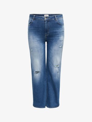 Blå denimjeans med løs pasform, knap- og lynlåslukning samt slidte pletter på lår og knæ.