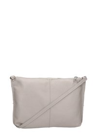 Borsa a tracolla in pelle grigia con una texture morbida, dotata di chiusura con zip, dettagli di cucitura diagonale e tracolla regolabile.