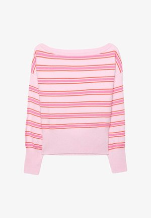 Rosa schulterfreier Pullover mit horizontalen orangefarbenen und dunkleren pinken Streifen, langen Ärmeln sowie gerippten Bündchen und Saum.