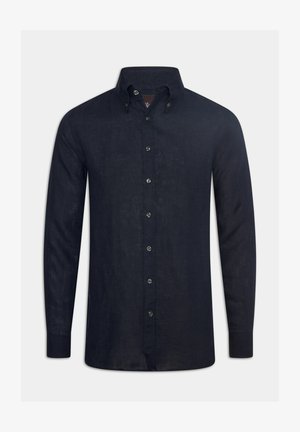 Ciemnoniebieska lniana koszula zapinana na guziki z ostrym kołnierzykiem, długimi rękawami i zapięciem z przodu na guziki. Posiada teksturowaną tkaninę i widoczne przeszycia.