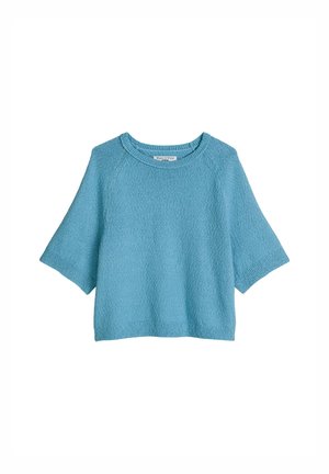 Lichtblauw gebreide trui met korte mouwen, ronde halslijn en geribbelde boorden en zoom.