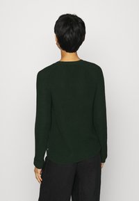 Maglione lavorato a maglia verde scuro con scollatura a girocollo e maniche lunghe, caratterizzato da un motivo testurizzato e un leggero orlo posteriore.
