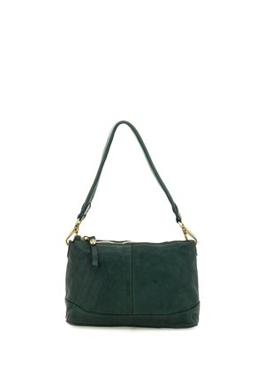 Borsa a tracolla in pelle verde scuro con dettagli in metallo color oro e chiusura superiore con cerniera su sfondo bianco.