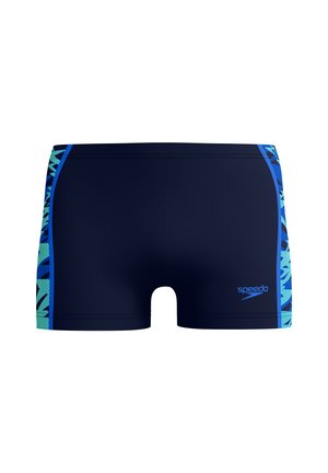Marineblauwe zwemshorts met felblauwe en turquoise patroon zijpanelen en een klein blauw Speedo-logo op het rechter voorbeen.