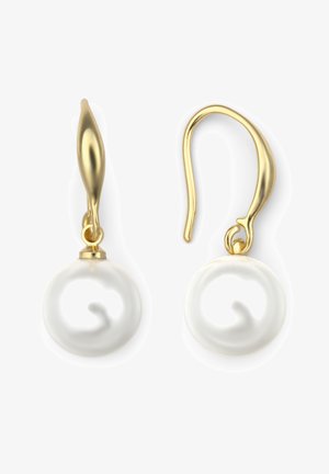Gouden oorbellen hebben ronde witte parels met een gladde oppervlakte. De haken zijn elegant gevormd, wat het algehele ontwerp versterkt.