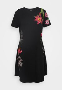 Schwarzes kurzärmliges Kleid mit buntem floralem Stickmuster in Pink, Rot und Grün, mit lockerer Passform und knielangem Saum.