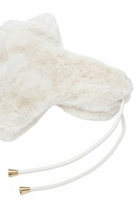 Akcesorium z sztucznego futra w kolorze kremowym, o miękkiej teksturze, z dwoma białymi sznurkami zaciskowymi z metalowymi końcówkami w kolorze złotym, umożliwiającymi regulację.