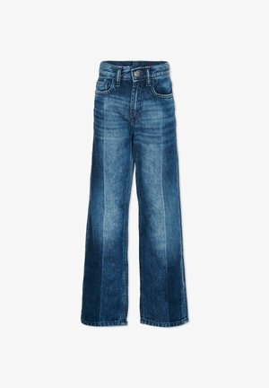 Jeans di denim blu a vita alta con gambe larghe, bottoni e cerniera frontali e tasche anteriori e posteriori, disposti in piano su sfondo bianco.