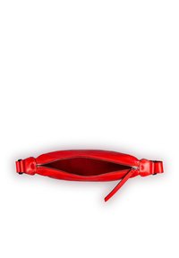 Red leather clutch bag with a smooth texture, zip closure, and a single strap. Interior lined in a contrasting shade of red.