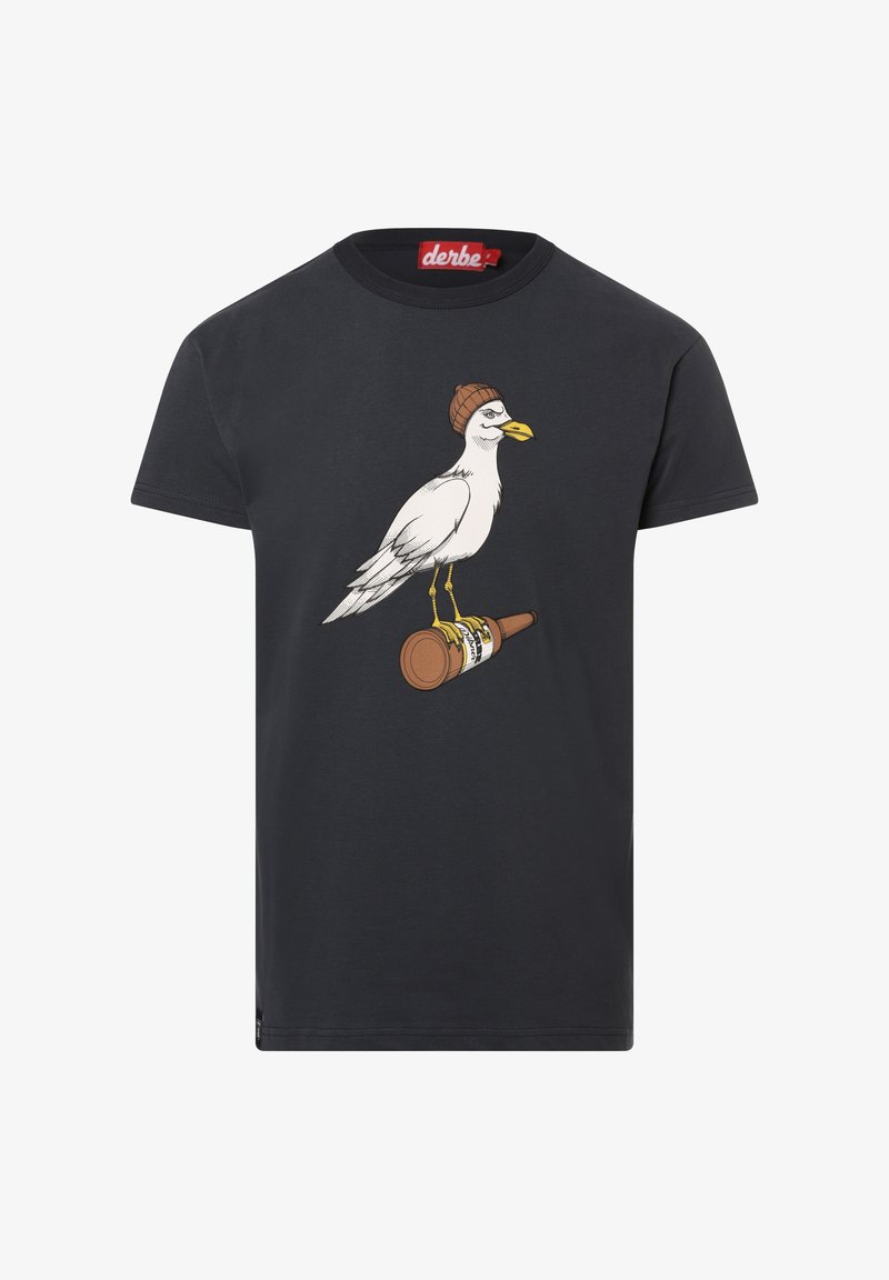 Black cotton t-shirt featuring a seagull with a beanie standing on a bottle, printed in white and yellow with detailed outlines.