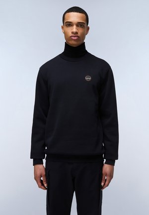 Zwarte sweatshirt met hoge kraag, geribbelde manchetten en tailleband. Heeft een ronde logo op de borst. Gladde stoftextuur, ontspannen pasvorm.