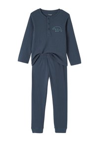 Children’s dark blue ribbed long-sleeve top with buttons and matching pants, featuring a small outline of a bear on the chest.