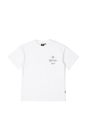 Hvid bomulds t-shirt med korte ærmer, rund hals og en frontgrafik med sorte konturer og tekst. Blød tekstur, afslappet pasform.