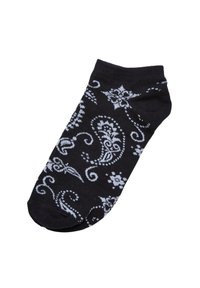 Schwarze Knöchelsocken mit weißen Blumen- und Paisleymustern, gefertigt aus einem weichen Stoff mit glatter Textur und verstärkter Zehenpartie.