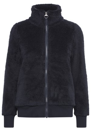 Veste en polaire bleu marine avec col haut, fermeture éclair sur le devant, et poignets et ourlet côtelés. Texture douce, sans motifs ni accents visibles.