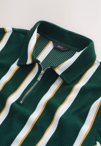 Grüner, gerippter Strickpullover mit halbem Reißverschluss und weißen sowie gelben Streifen. Der Kragen ist verstärkt und der Reißverschluss aus Metall.