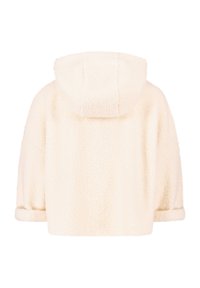 Veste en polaire couleur crème avec capuche, design court, manches à revers et surface douce et texturée. Pas de fermetures ni de motifs visibles.