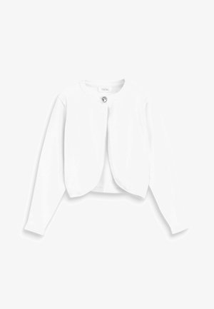 Cardigan bianco leggero con maniche lunghe, scollatura rotonda e chiusura con un solo bottone che presenta un accento decorativo. Trama liscia.