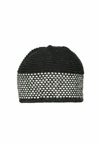 Black knitted beanie with a textured top, featuring a white mesh band around the bottom. Mid-crown design, soft material, and seamless edges.