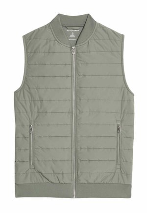 Lys grøn ærmeløs vest med lynlås, horisontal quiltet design, sidelommer og ribbet krave og kant.