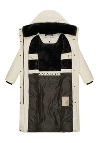 Puffer coat in cream with black faux fur collar, featuring a black and white interior lining, side pockets, and a label detail.