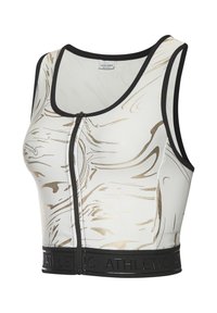 Athletic crop top in white with gold marbled pattern, black zipper, and black elastic band featuring embossed "ATHLETIC" text.