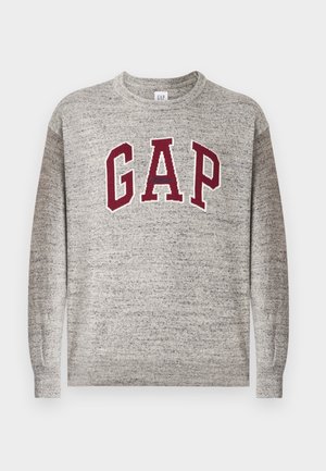 Grauer Rundhalsausschnitt-Pullover mit maroonfarbenen "GAP"-Buchstaben und kleinem, zentral platziertem "Athletic"-Text auf der Brust, mit gerippten Bündchen und Saum.