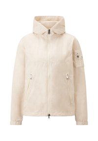 Veste légère en crème avec une fermeture éclair sur le devant, capuche réglable, deux poches zippées et un léger éclat. Présente une patch logo sur la manche.