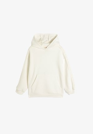 Hvid hættetrøje med en frontlomme, lange ærmer og blonde detaljer på skuldrene. Lavet af blødt stof med en afslappet pasform.