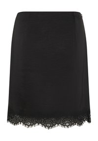 Jupe droite noire avec bordure en dentelle florale à l'ourlet et fermeture éclair latérale.