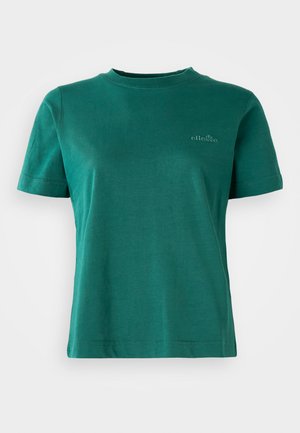 Zelené tričko s krátkym rukávom vyrobené z mäkkej tkaniny, s okrúhlym výstrihom a jemným logom na prednej strane.